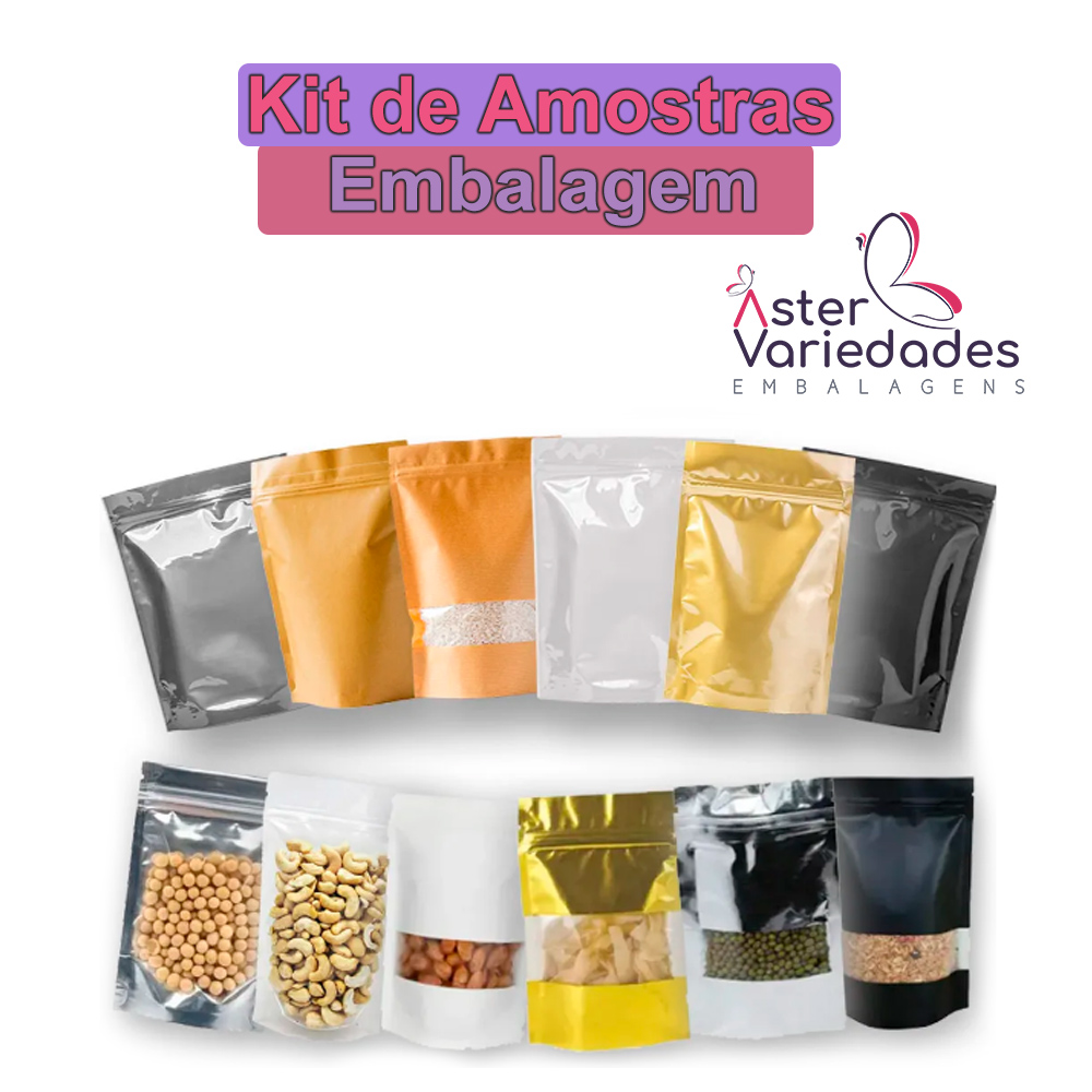 KIT AMOSTRAS DE SACOS STAND UP POUCH PERSONALIZADOS, LISOS E EMBALAGENS PLÁSTICAS DIVERSAS